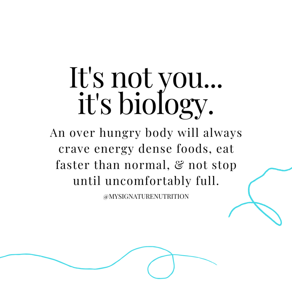Image reads, "it's not you...it's biology.  An overhungry body will always crave energy dense foods, eat faster than normal, and not stop until uncomfortably full.