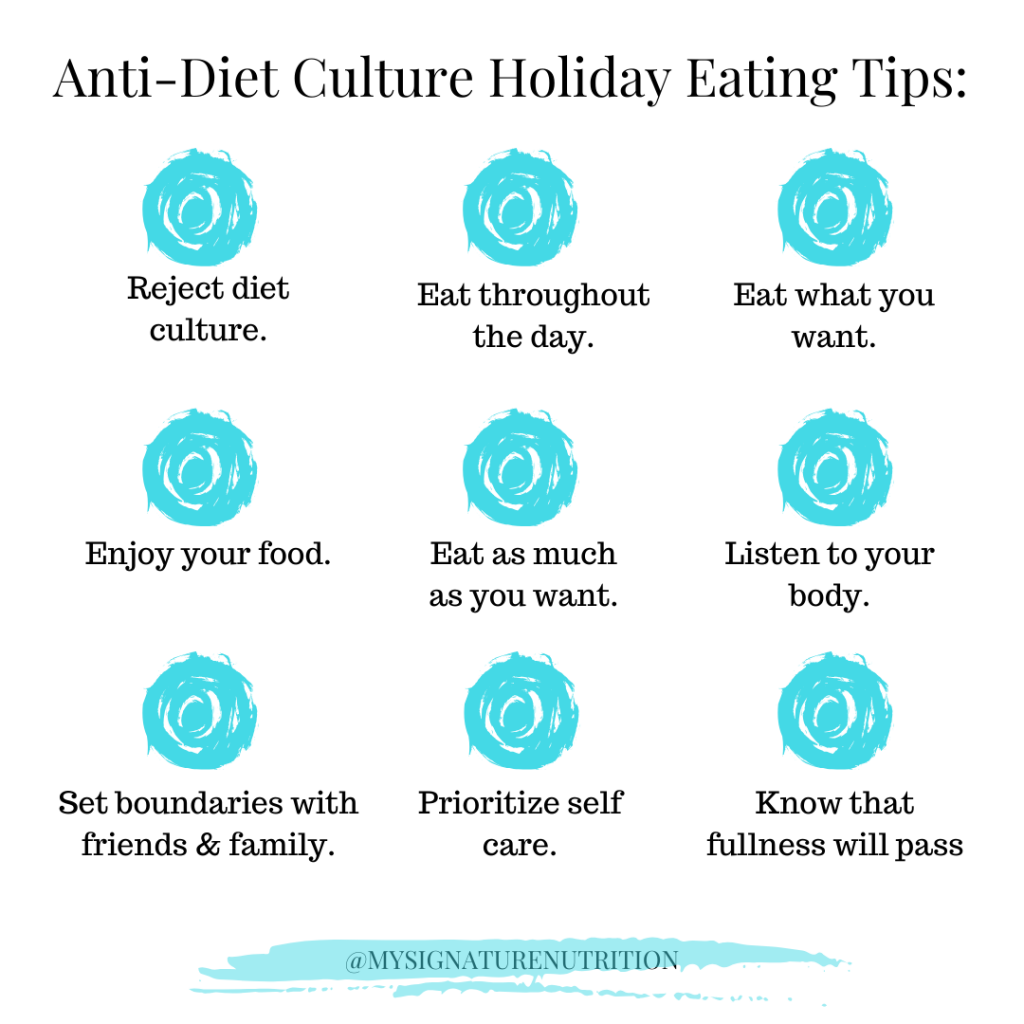 9 Blue circles spaced evenly on the page with text at the top that reads anti diet culture holiday eating tips with text under each circle that reads: reject diet culture, eat throughout the day, eat what you want, enjoy your food, eat as much as you want, listen to your body, set boundaries with friends and family, prioritize self care, know that fullness will pass
