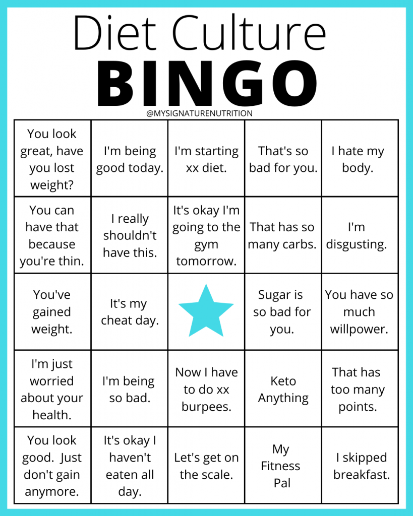 diet culture bingo card